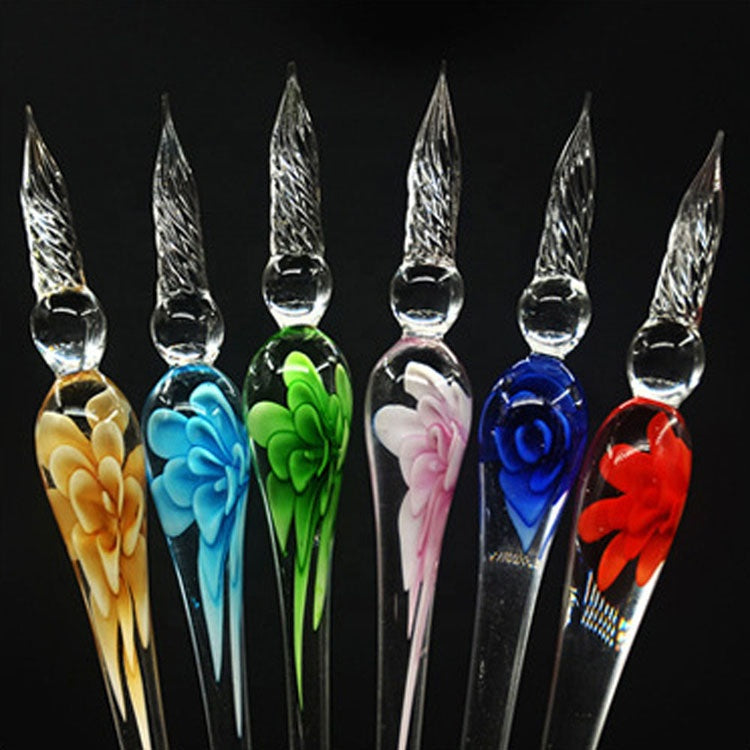 3D Floral Crystal Glass Dip Pen for Drawing & Writing